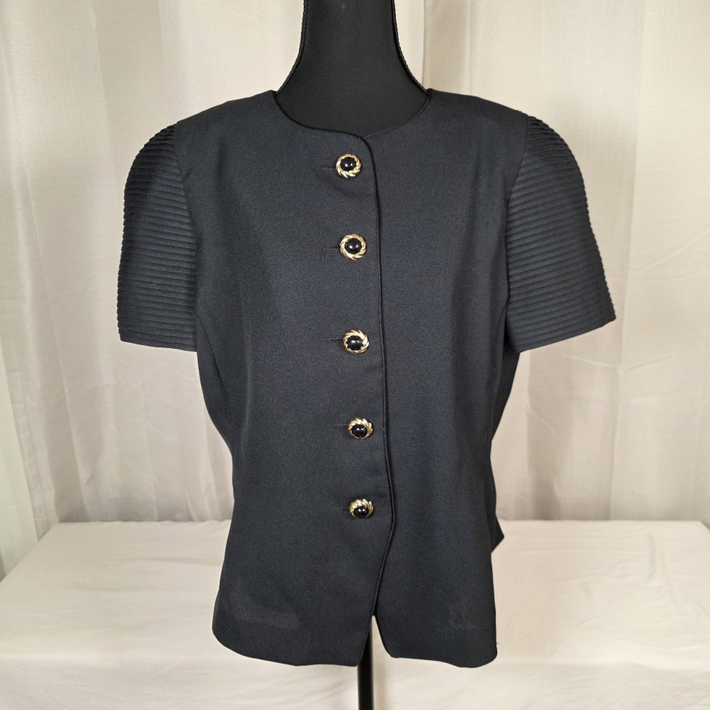 Vintage Leslie Fay Petites Black Minimalist Jacket Gold Buttons 14P